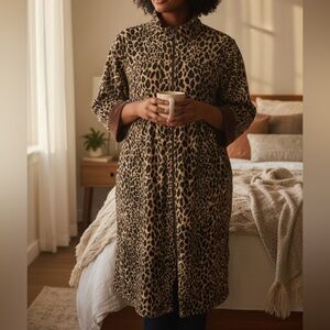 Oscar De La Renta Leopard Print House Dress Robe L / XL Tan Brown Animal Print